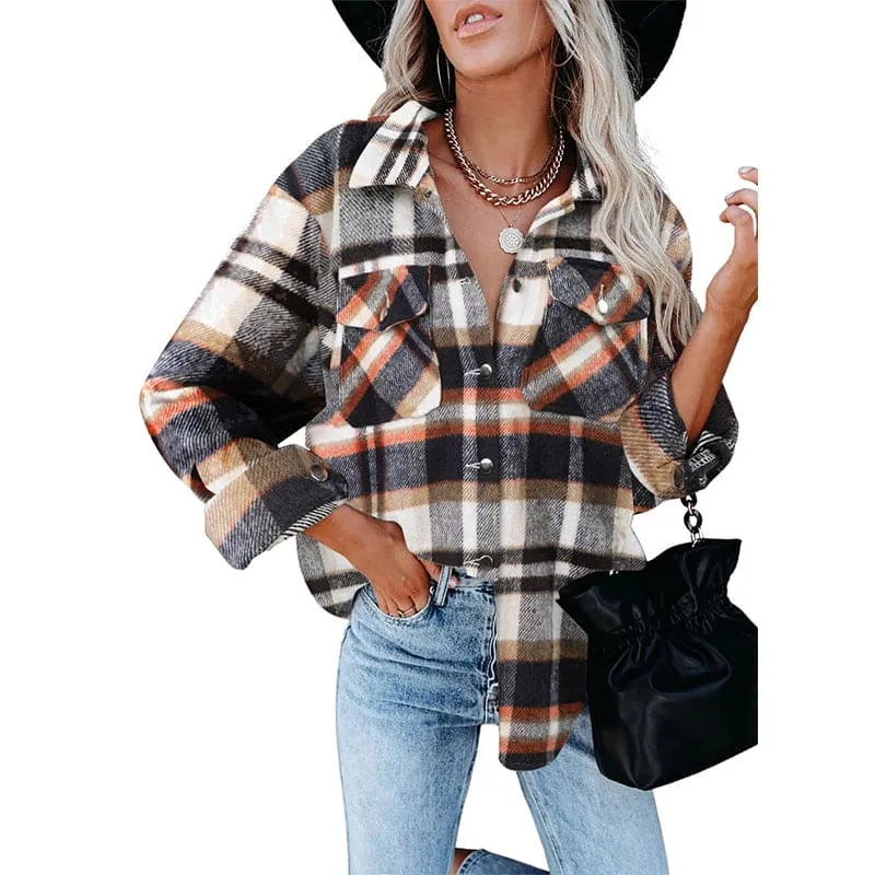 Plaid Print Flap Pocket Woolen Shirt Jacket