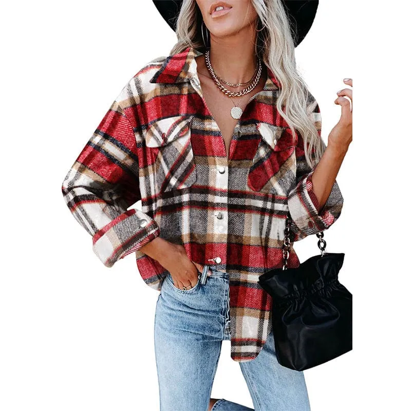 Plaid Print Flap Pocket Woolen Shirt Jacket