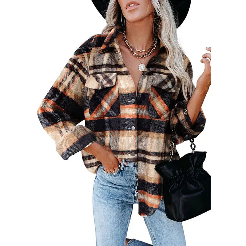 Plaid Print Flap Pocket Woolen Shirt Jacket