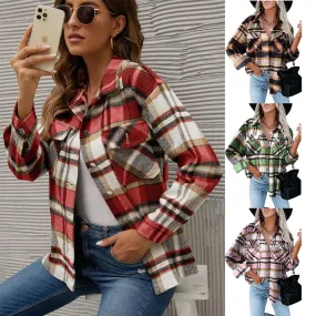 Plaid Print Flap Pocket Woolen Shirt Jacket