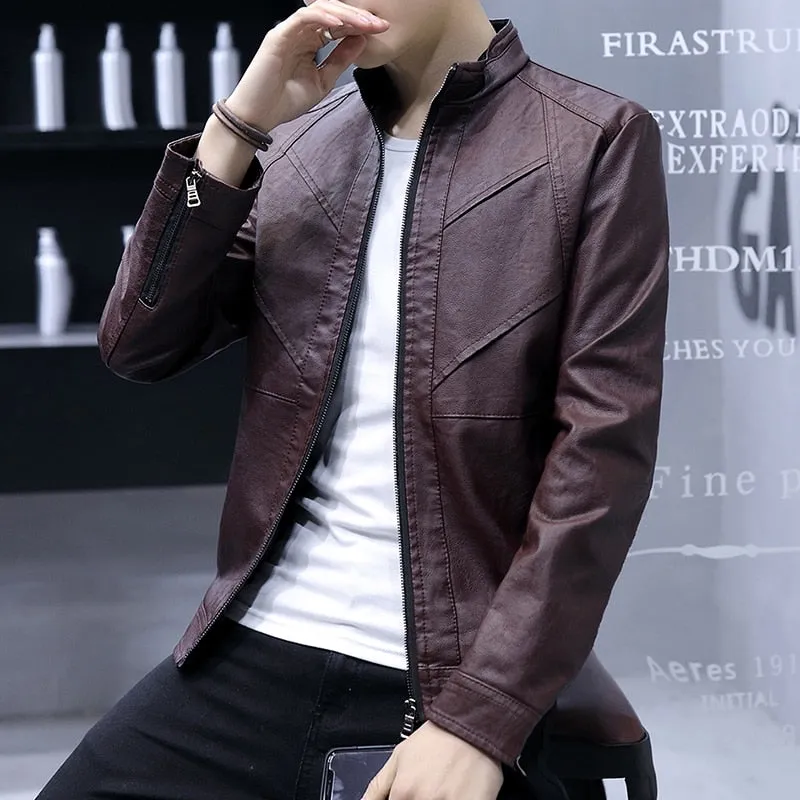 Plain Elegant Style Men PU Leather Jacket with Zipper Detail Sleeve