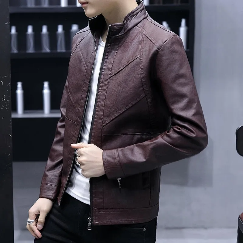 Plain Elegant Style Men PU Leather Jacket with Zipper Detail Sleeve