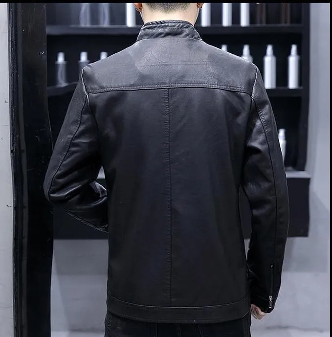 Plain Elegant Style Men PU Leather Jacket with Zipper Detail Sleeve