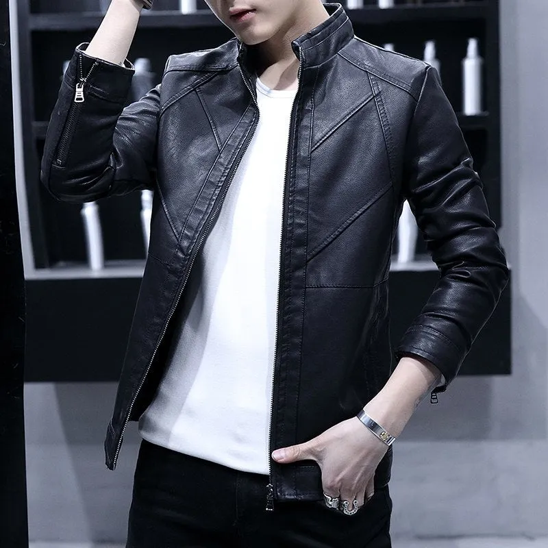 Plain Elegant Style Men PU Leather Jacket with Zipper Detail Sleeve