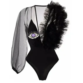 Pre Order:  One Eye Mesh Sleeve Faux Fur Shoulder Swimsuit