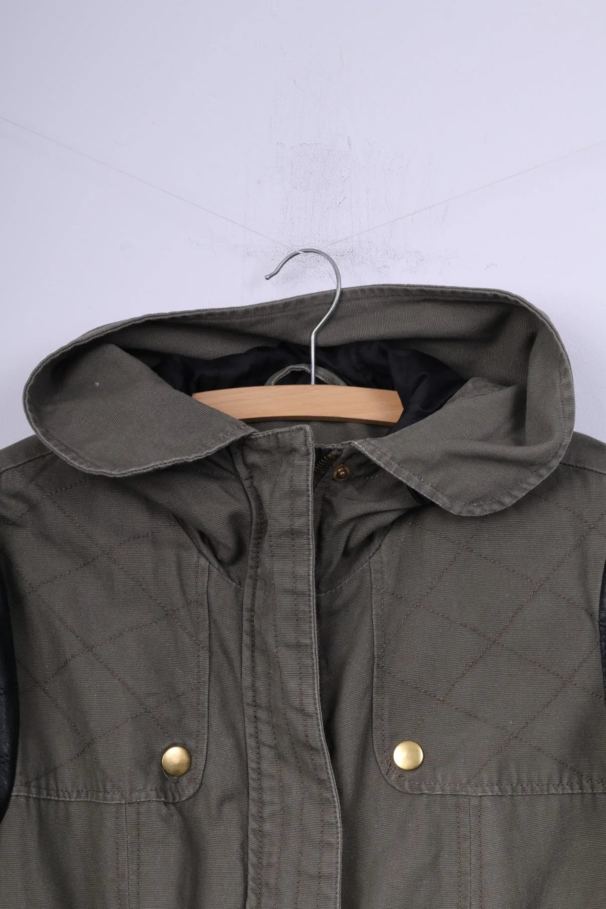 Primark Womens 14 L Jacket Parka Green Hooded Cotton Pocket Full Zipper