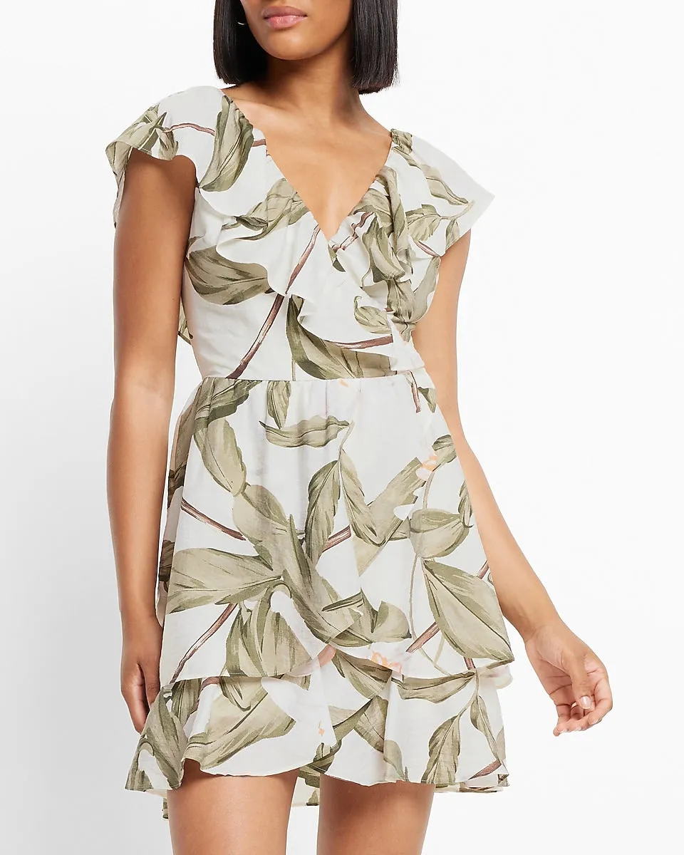 Printed V-Neck Ruffle Mini Dress in Neutral Print