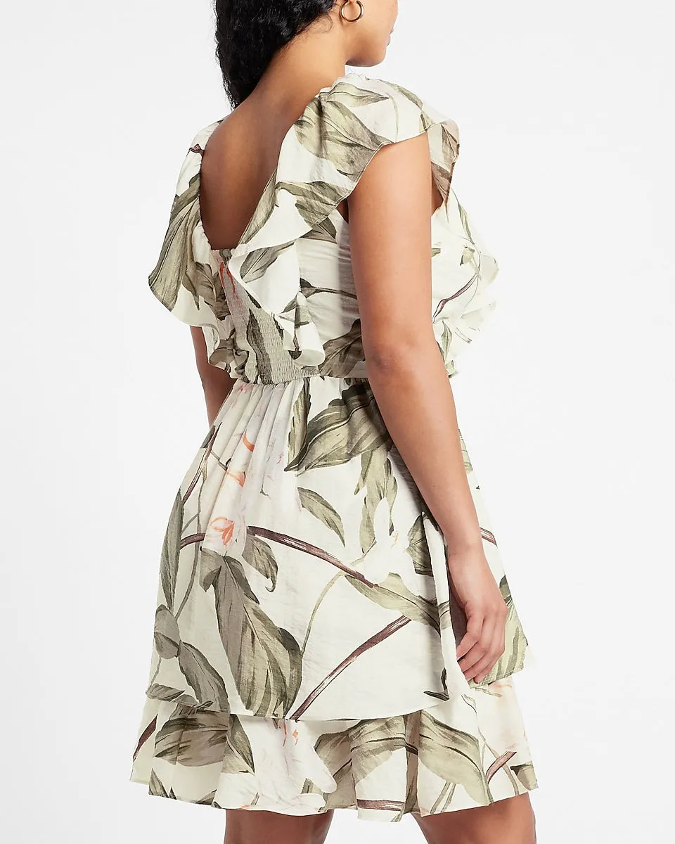 Printed V-Neck Ruffle Mini Dress in Neutral Print