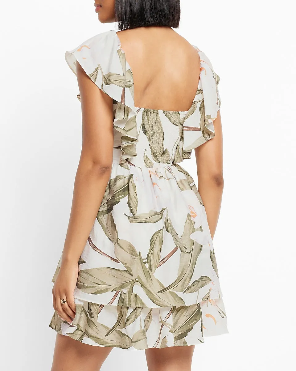 Printed V-Neck Ruffle Mini Dress in Neutral Print