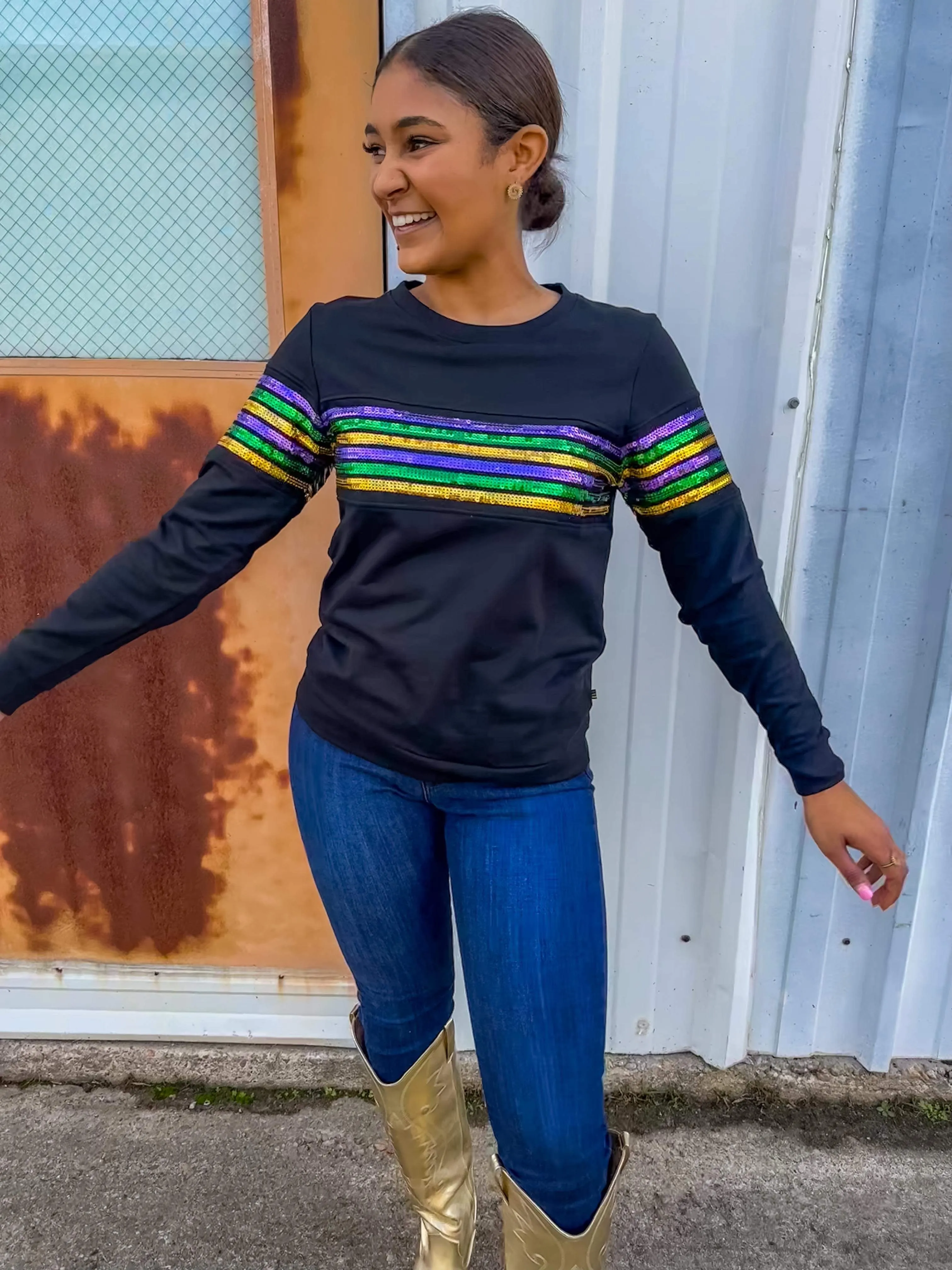 Queen Of MG Black Sequin Stripe Pullover