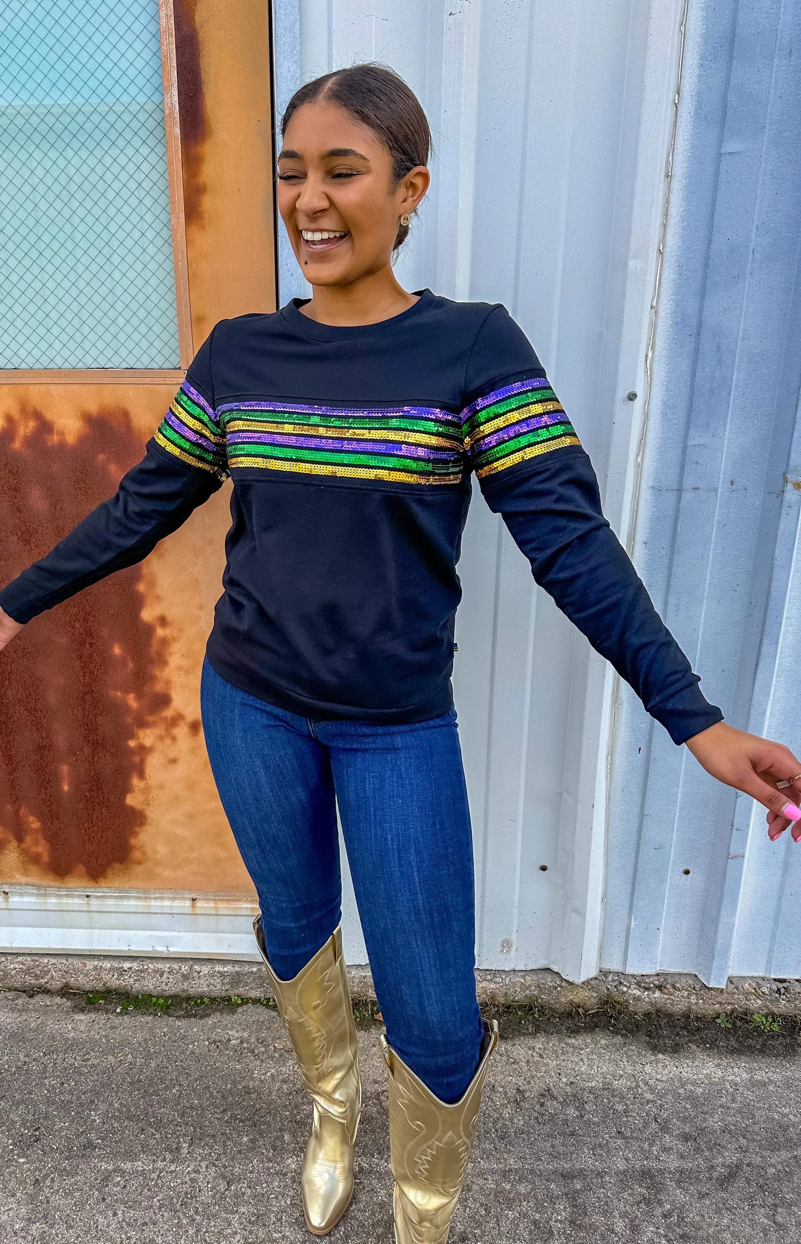 Queen Of MG Black Sequin Stripe Pullover