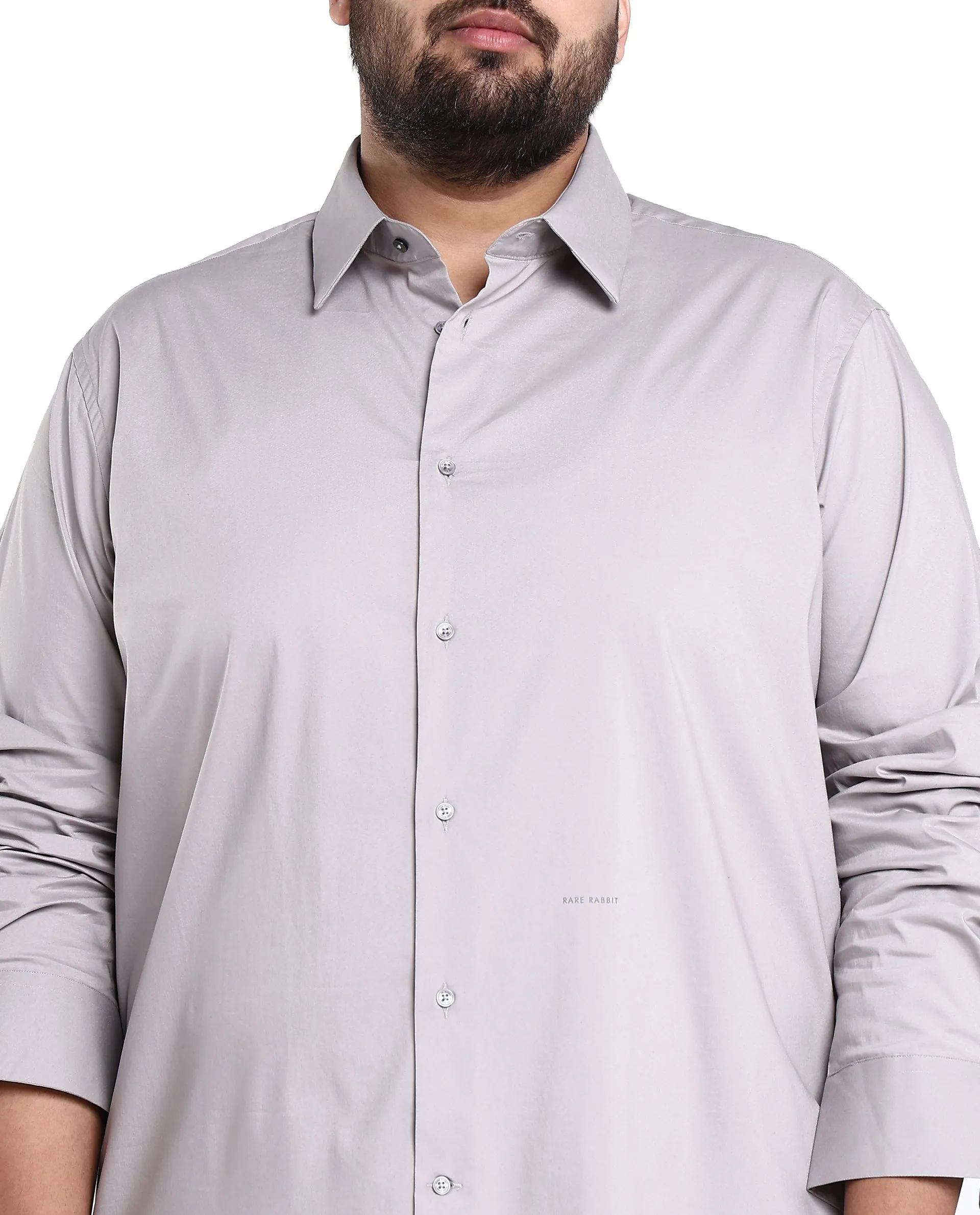 Rare Rabbit Mens Benedict Light Grey Cotton Stretch Drop Collar Full Sleeves Shirt Plus Size