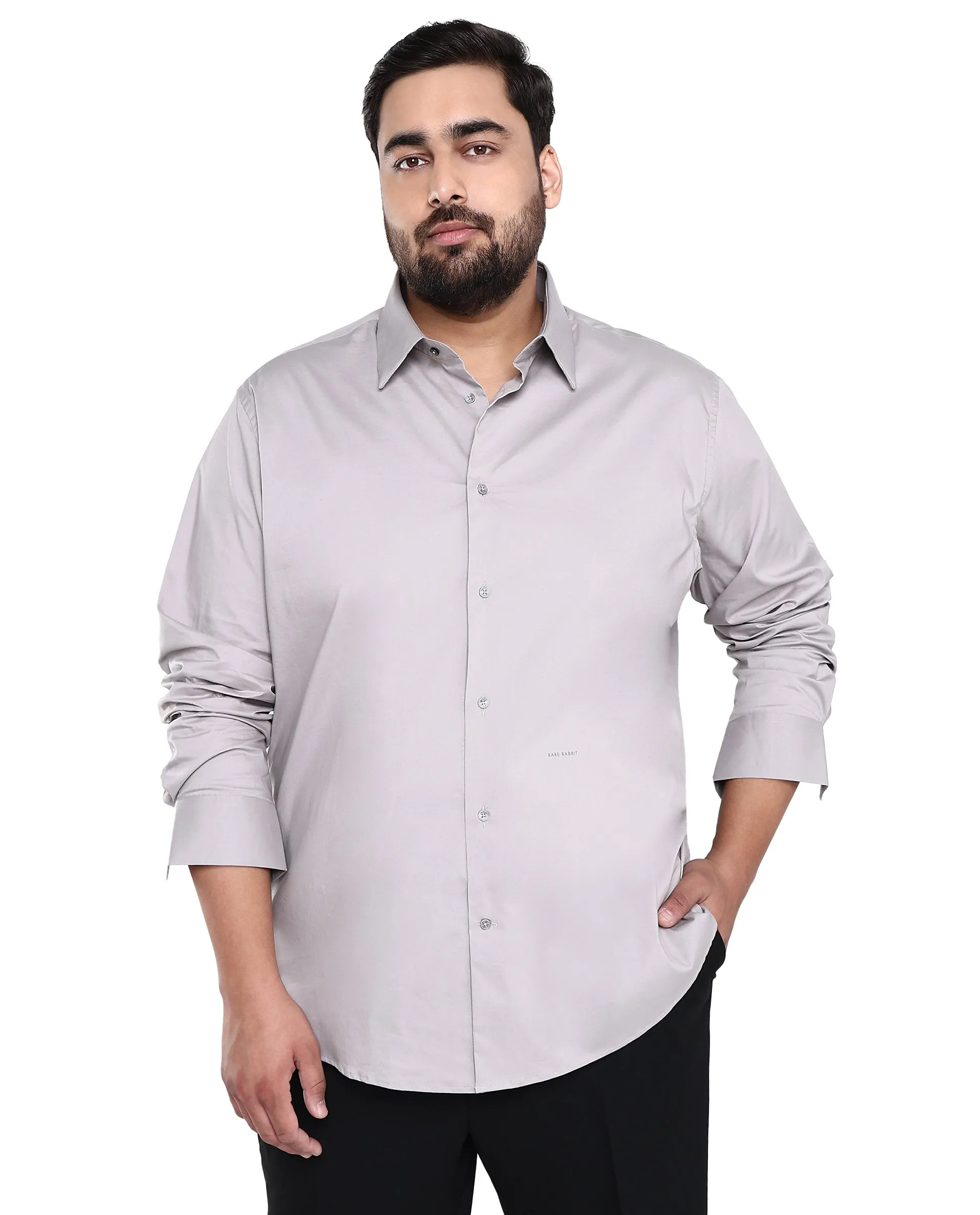 Rare Rabbit Mens Benedict Light Grey Cotton Stretch Drop Collar Full Sleeves Shirt Plus Size