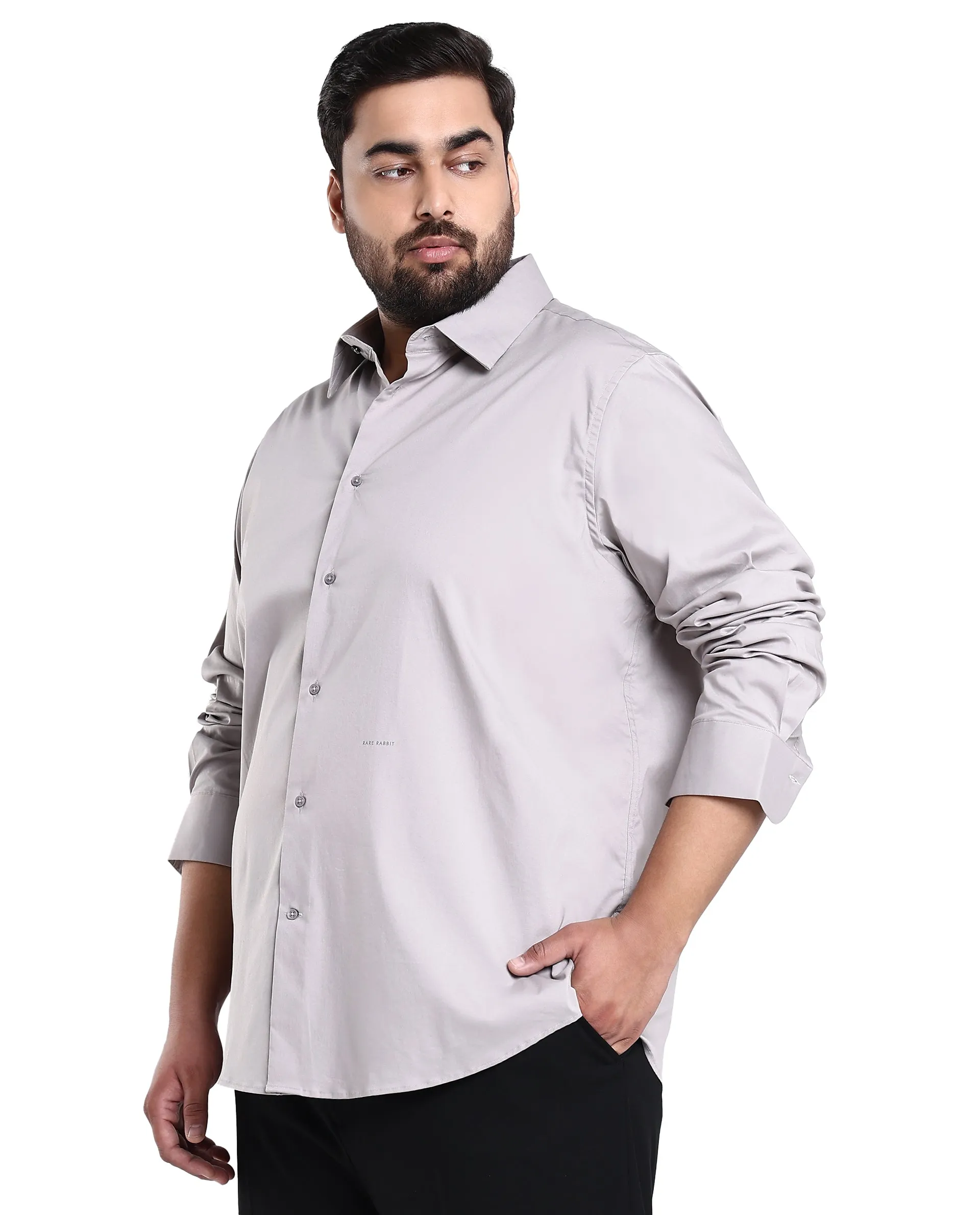 Rare Rabbit Mens Benedict Light Grey Cotton Stretch Drop Collar Full Sleeves Shirt Plus Size