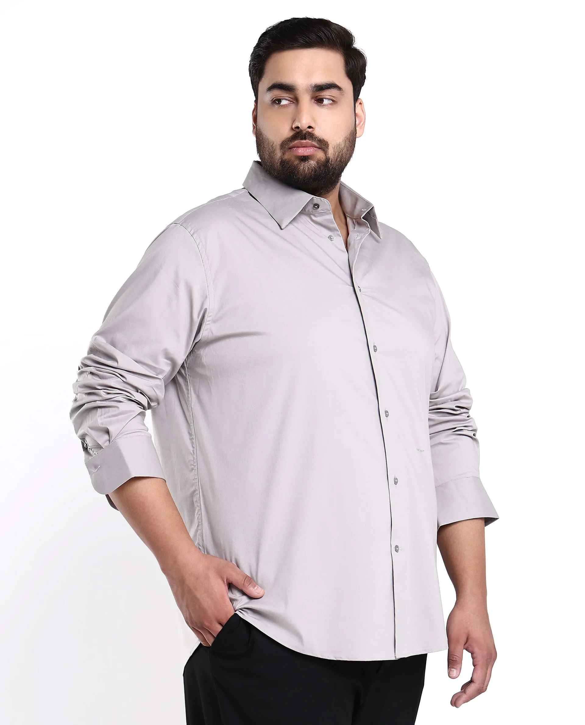 Rare Rabbit Mens Benedict Light Grey Cotton Stretch Drop Collar Full Sleeves Shirt Plus Size