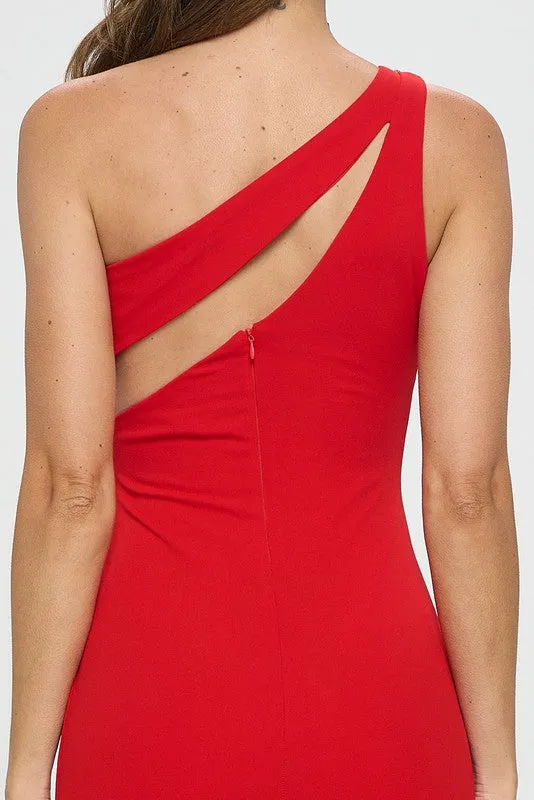 Red One Shoulder Front Cut Out Maxi Dress Jewel Detail