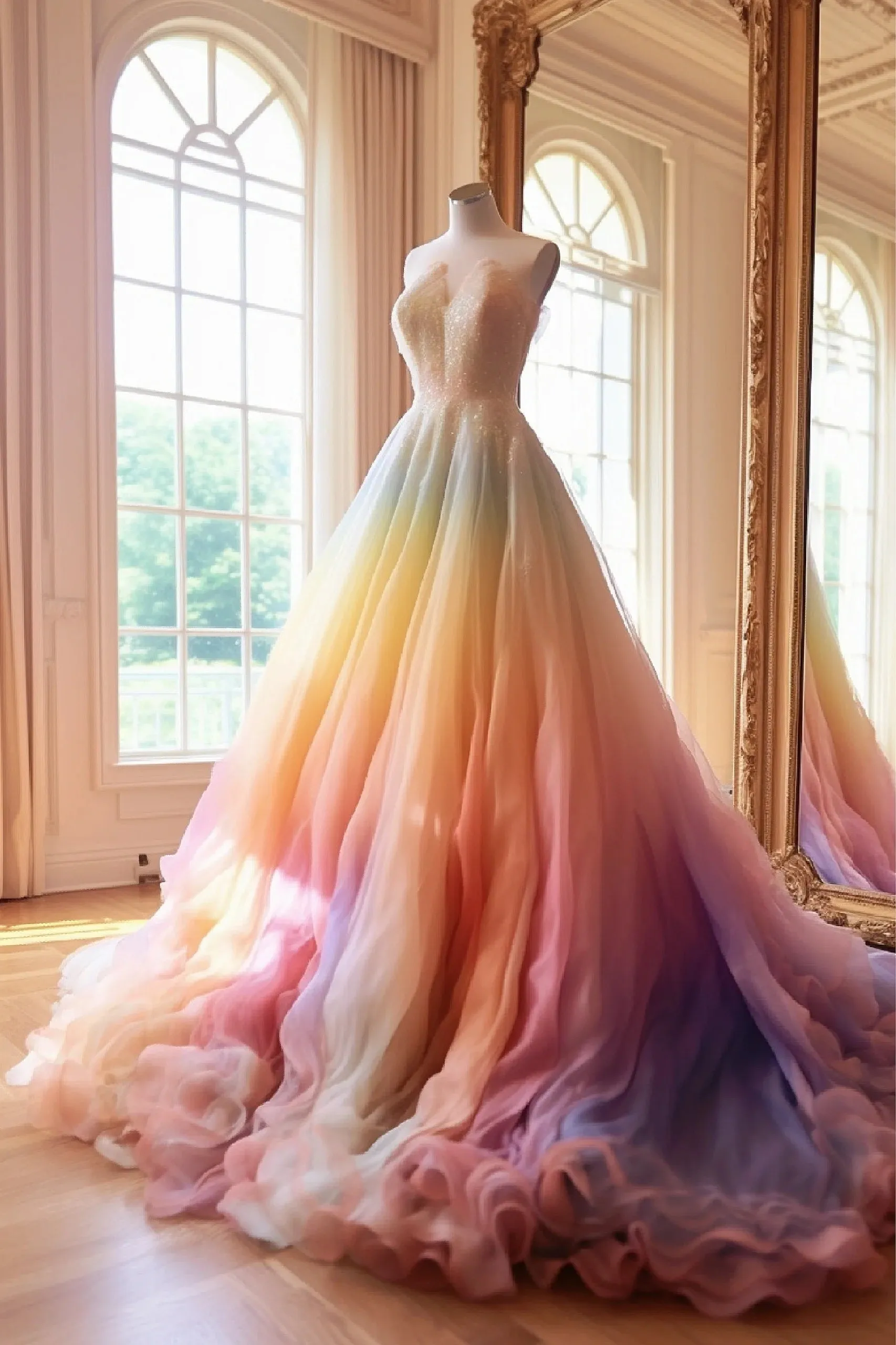 Romantic Dip Dye Rainbow Colored Wedding Dress