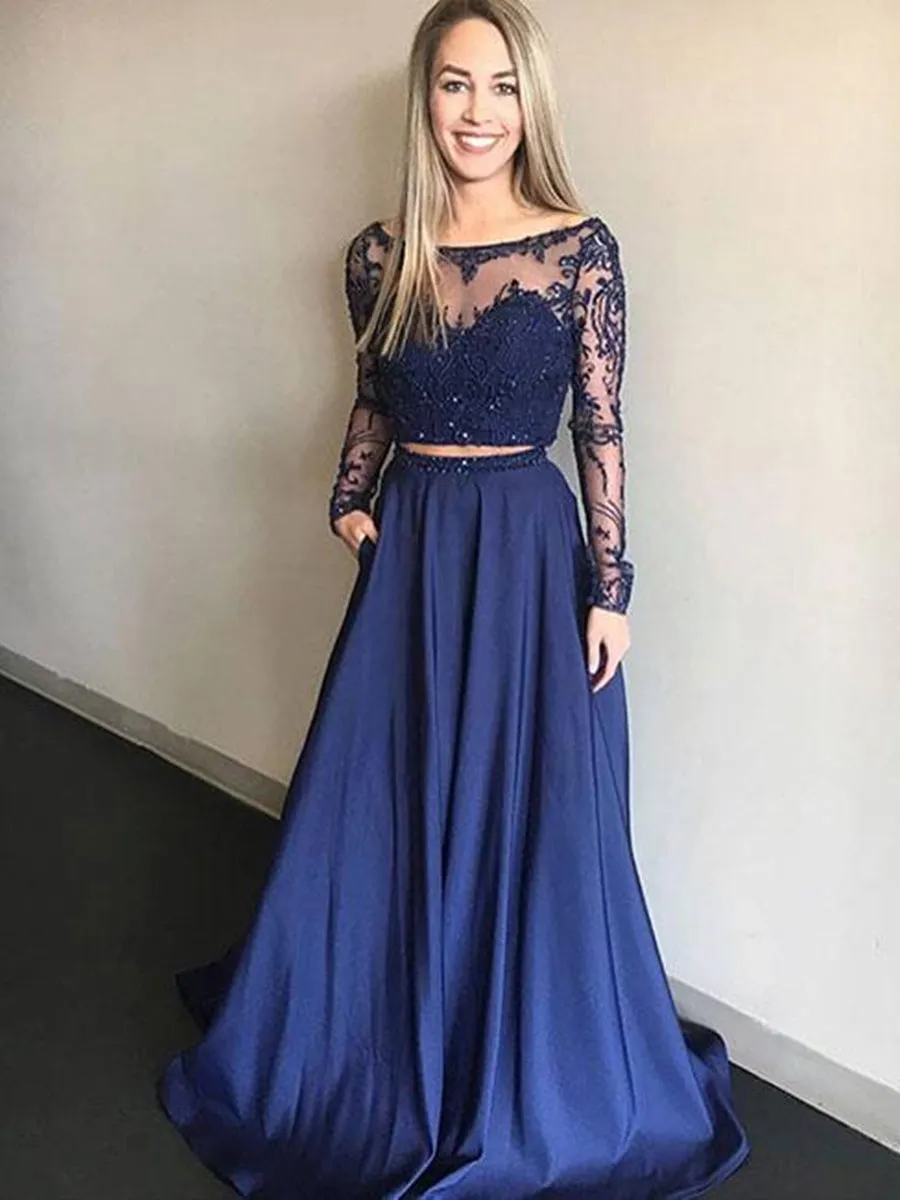 Round Neck 2 Pieces Long Sleeves Lace Blue Long Prom, 2 Pieces Blue Lace Formal, Graduation