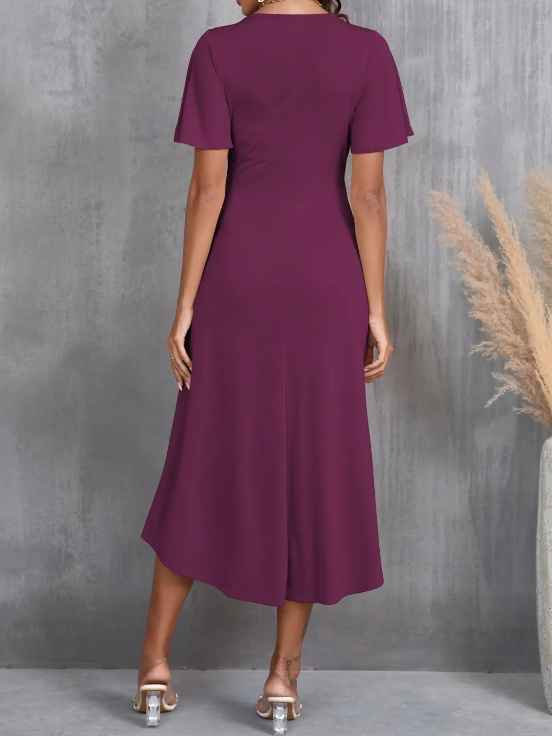 Round Neck Flutter Sleeve Midi Office Dress