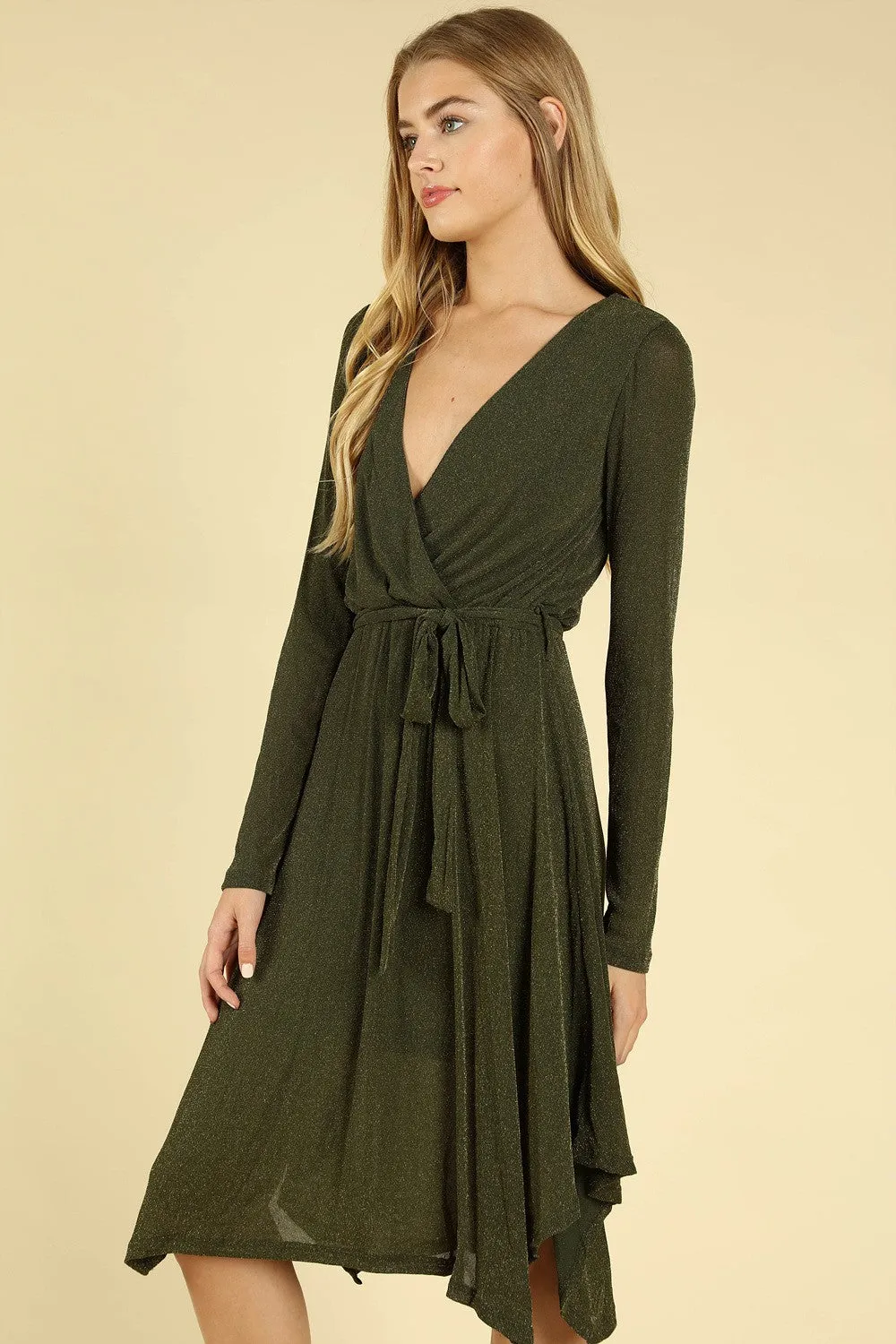 Shimmering Long Sleeve Wrap Dress, Olive