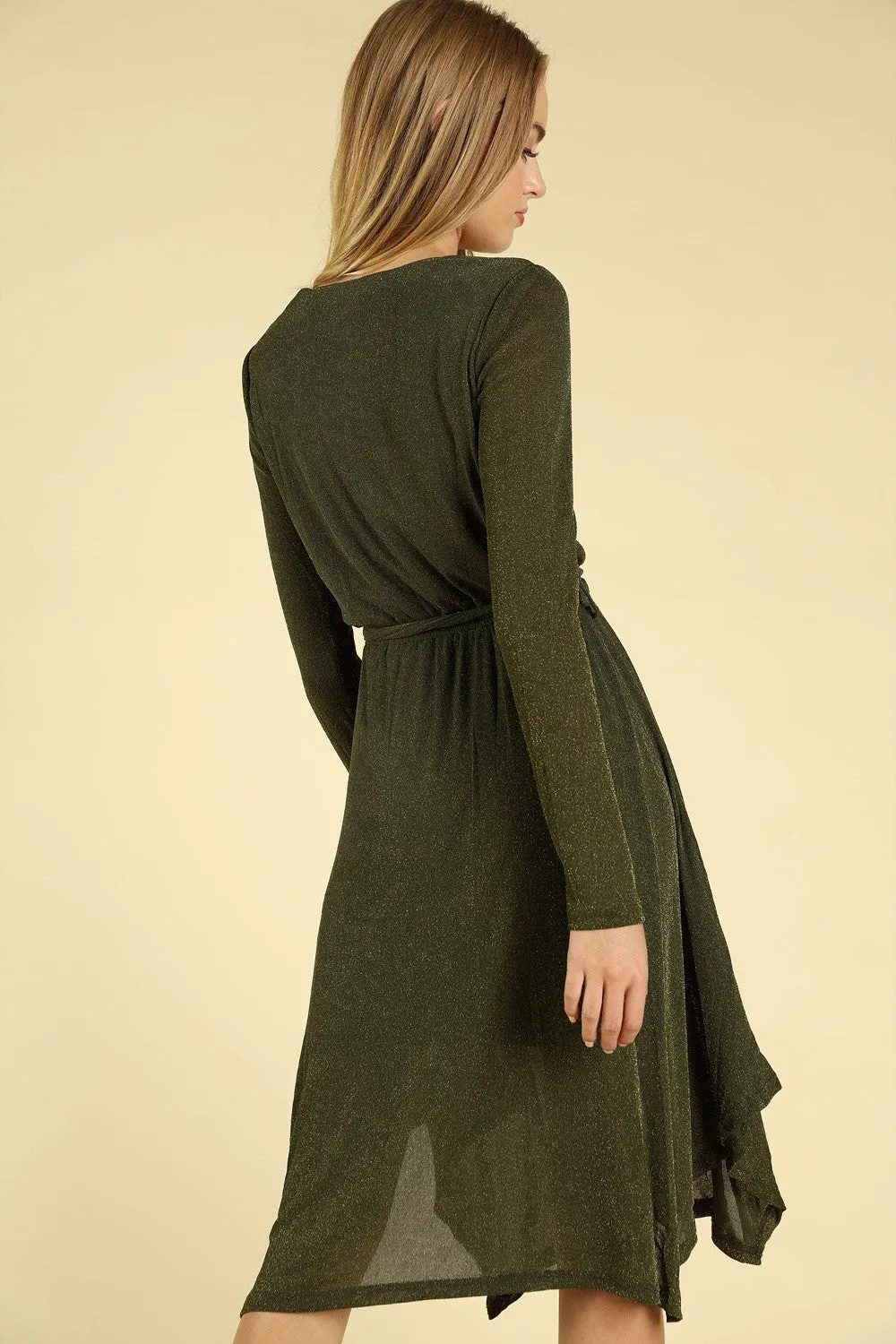 Shimmering Long Sleeve Wrap Dress, Olive