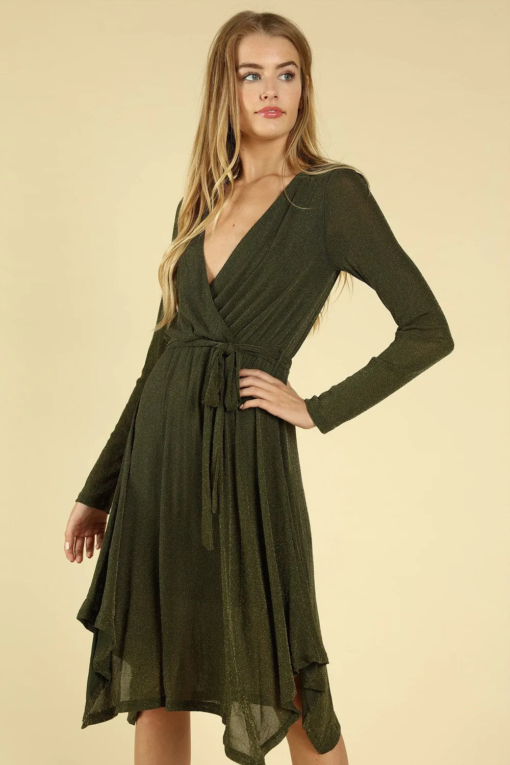 Shimmering Long Sleeve Wrap Dress, Olive