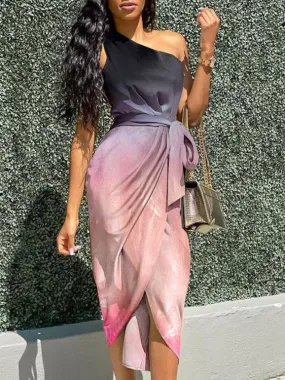 Sleeveless Oblique Shoulder Gradient Irregular Dress