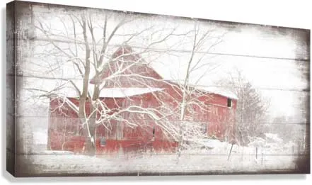 Snowy Red Barn Rustic Farmhouse Wall Art on Canvas