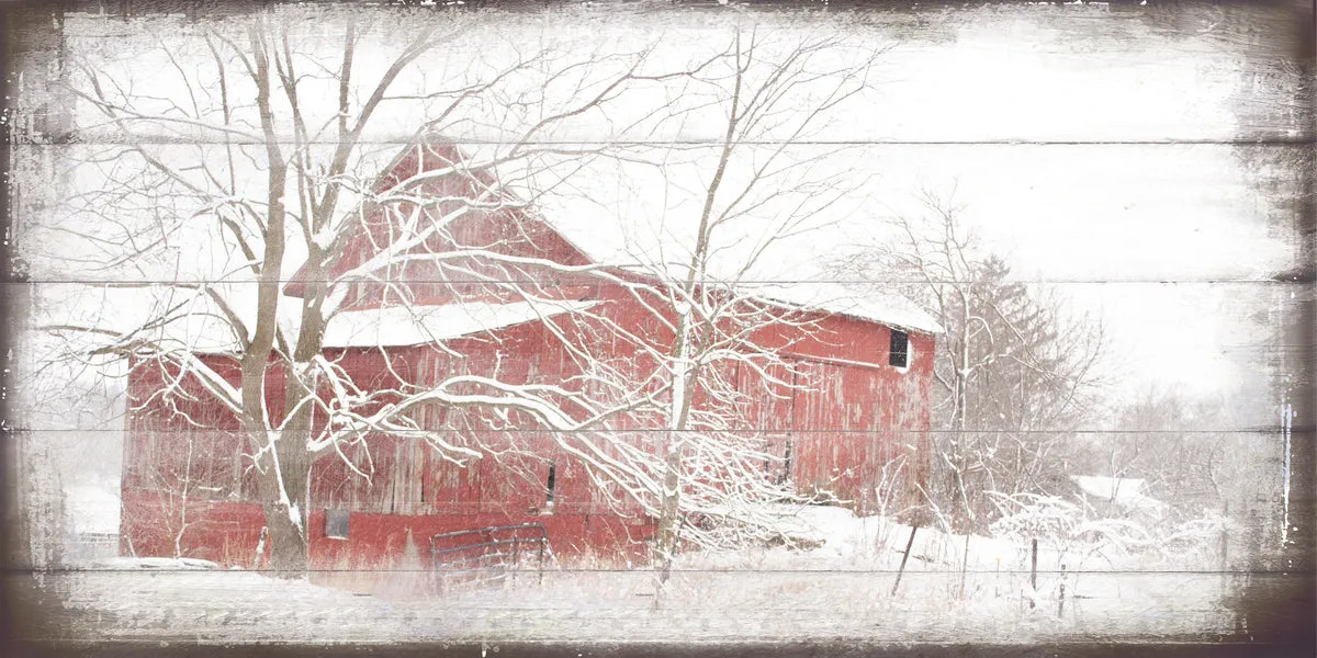 Snowy Red Barn Rustic Farmhouse Wall Art on Canvas