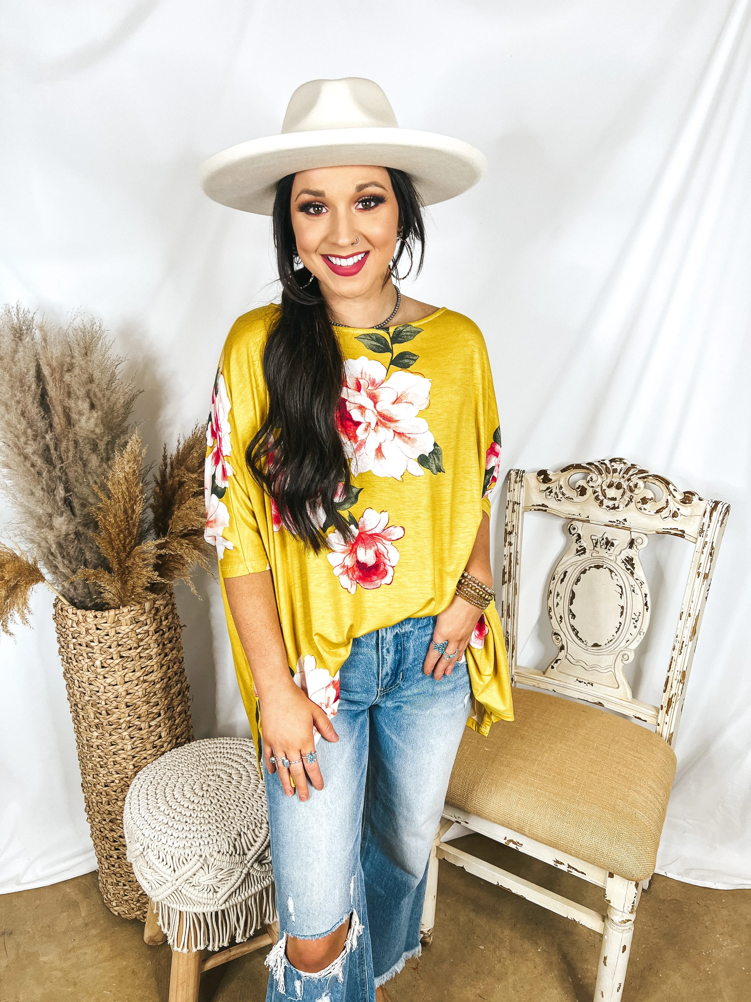 Somewhere Tropical Floral Print Poncho Top in Yellow