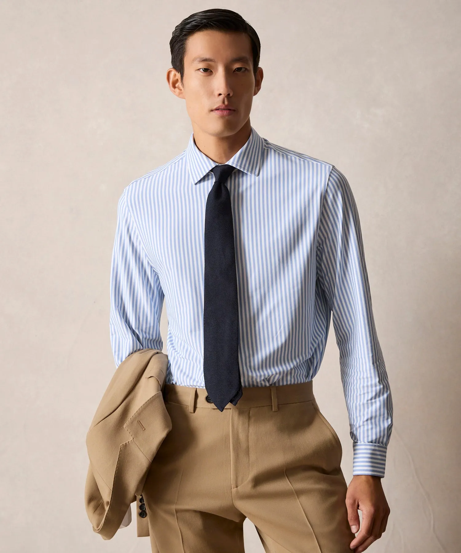 Stretch Knit Spread Collar Dress Shirt in Blue Banker Stripe