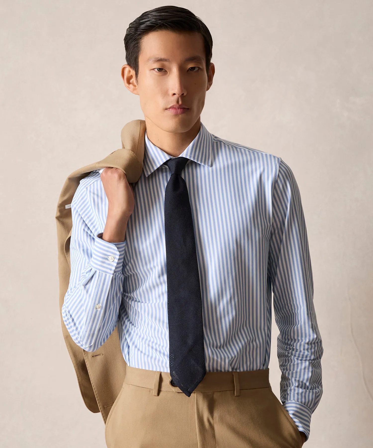 Stretch Knit Spread Collar Dress Shirt in Blue Banker Stripe