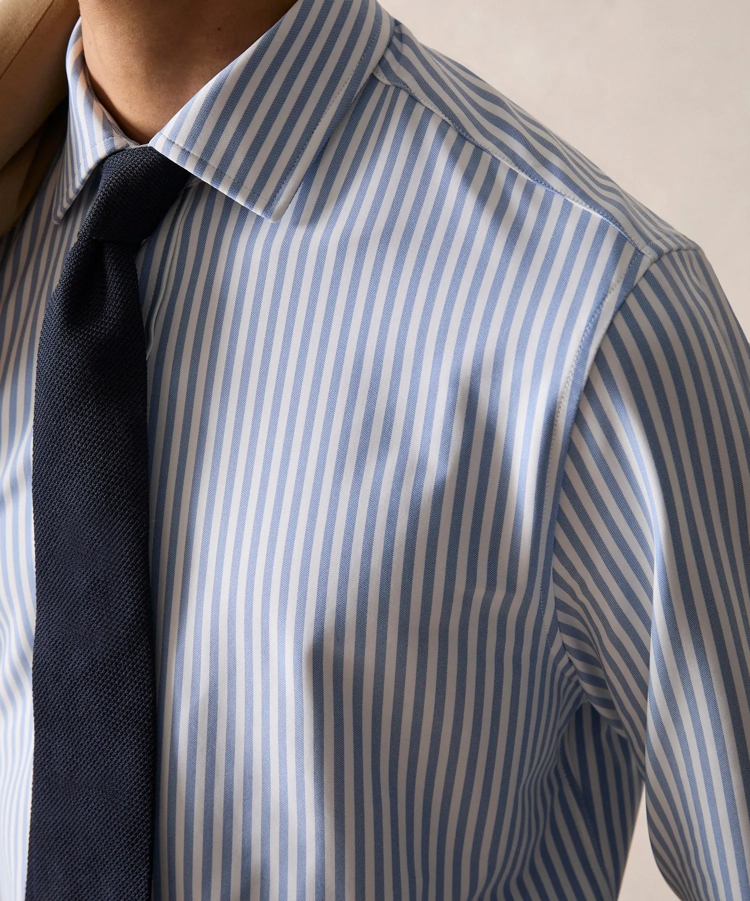 Stretch Knit Spread Collar Dress Shirt in Blue Banker Stripe