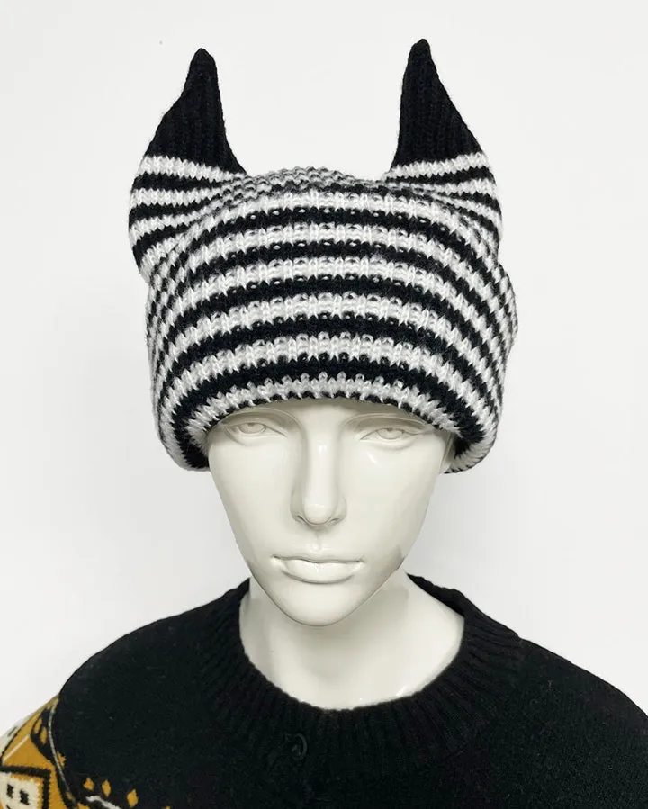 Striped Horn Knit Balaclava Hat