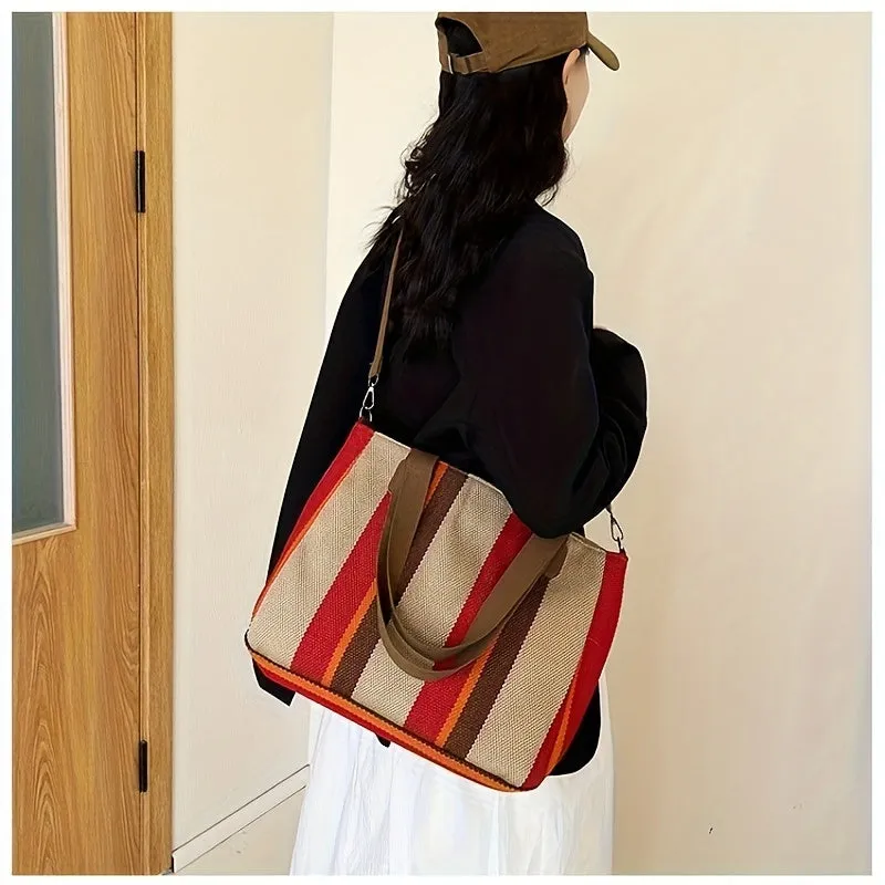 Striped Large Capacity Women's Bag New Style Fashion Commuting Casual Stylish Hand-held Tote Shoulder Messenger Bag Simple Top Handle Bag Ladies Nylon Handbag Casual Women's Large Shopping Bag