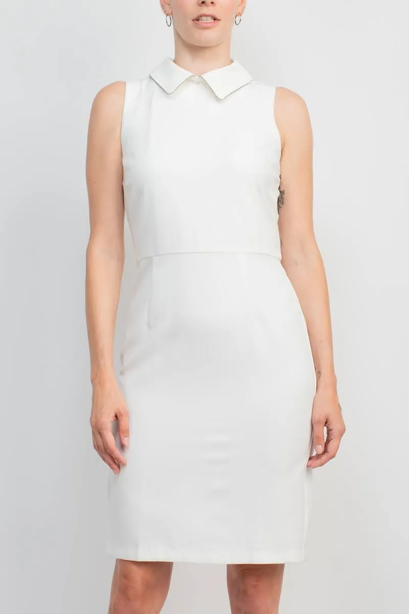 T Tahari Collared Sleeveless Tie Neck Bodycon Zipper Back Solid Crepe Dress