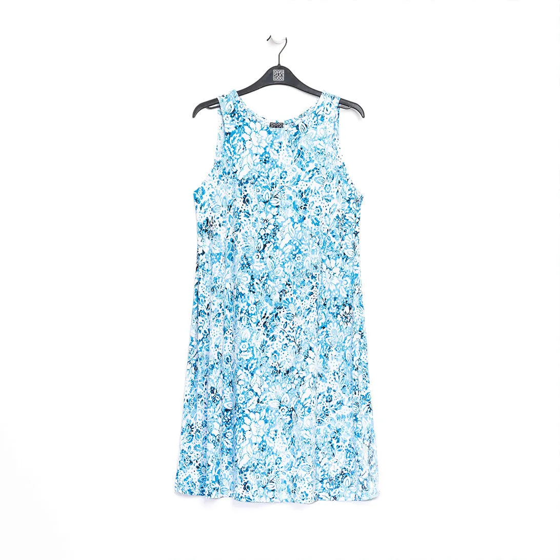 Textured Jewel Neck Swing Dress - Floral Rain-Turquoise - Final Sale!