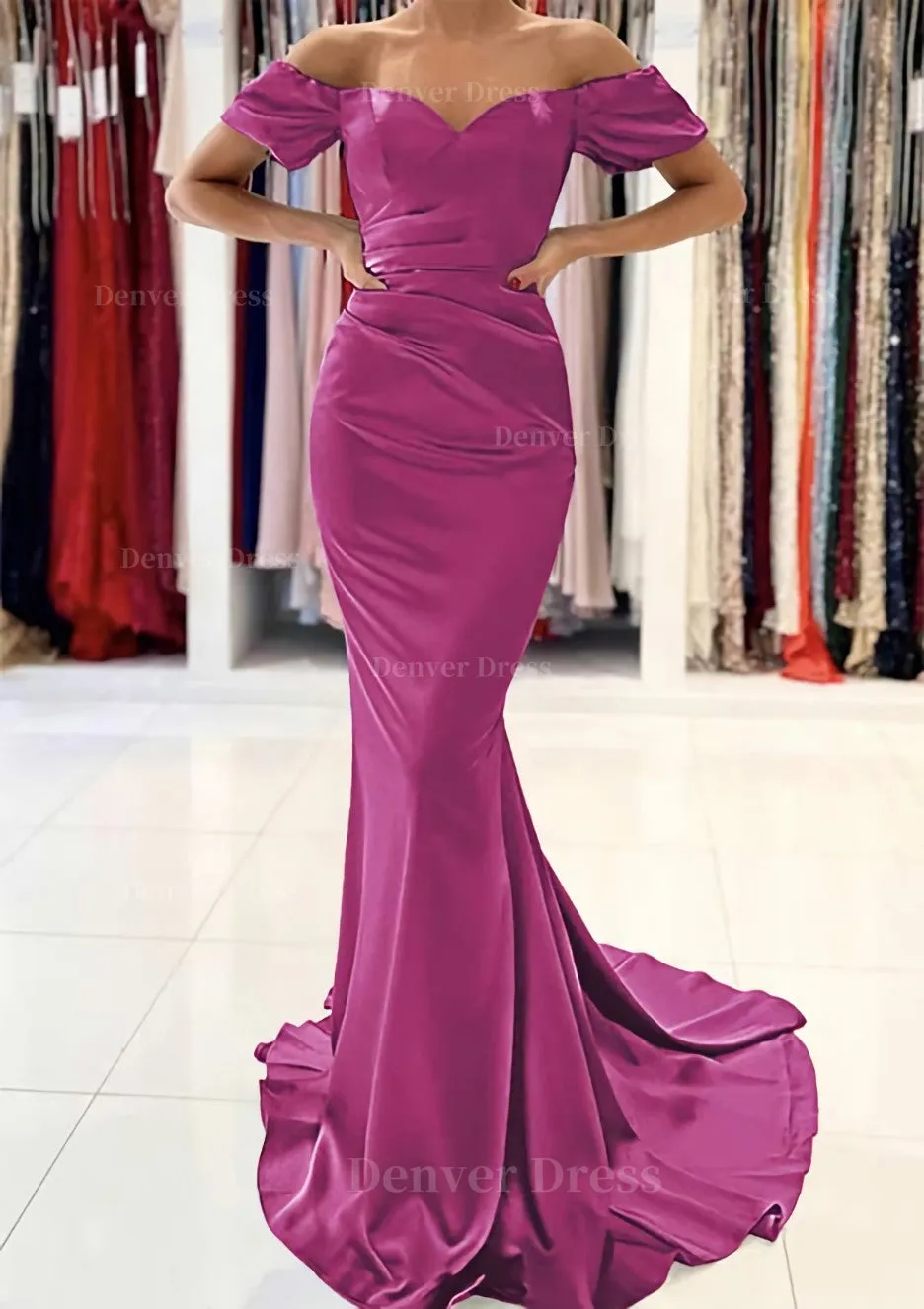 Trumpet/Mermaid Off-the-Shoulder Short Sleeve Satin Sweep Train Prom Dress With Pleated