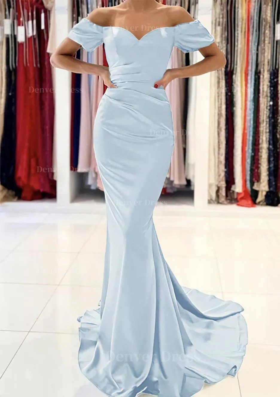 Trumpet/Mermaid Off-the-Shoulder Short Sleeve Satin Sweep Train Prom Dress With Pleated