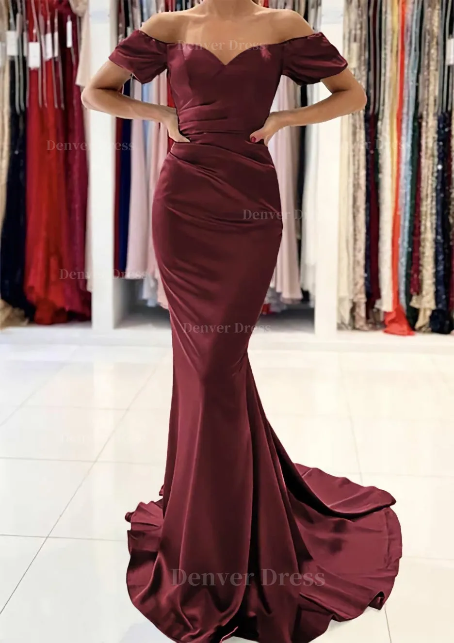 Trumpet/Mermaid Off-the-Shoulder Short Sleeve Satin Sweep Train Prom Dress With Pleated