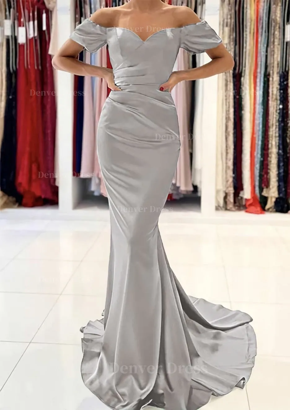 Trumpet/Mermaid Off-the-Shoulder Short Sleeve Satin Sweep Train Prom Dress With Pleated