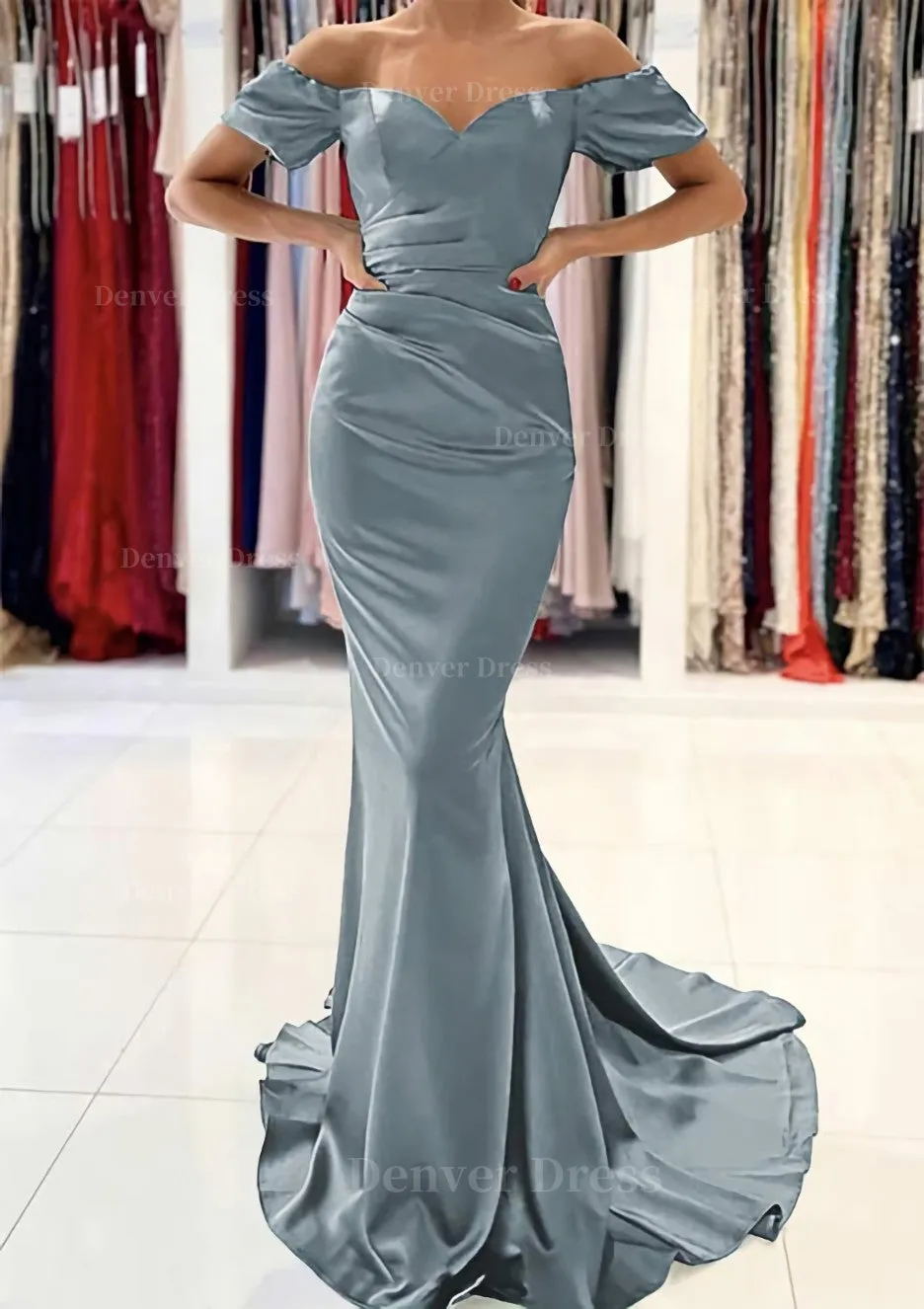 Trumpet/Mermaid Off-the-Shoulder Short Sleeve Satin Sweep Train Prom Dress With Pleated