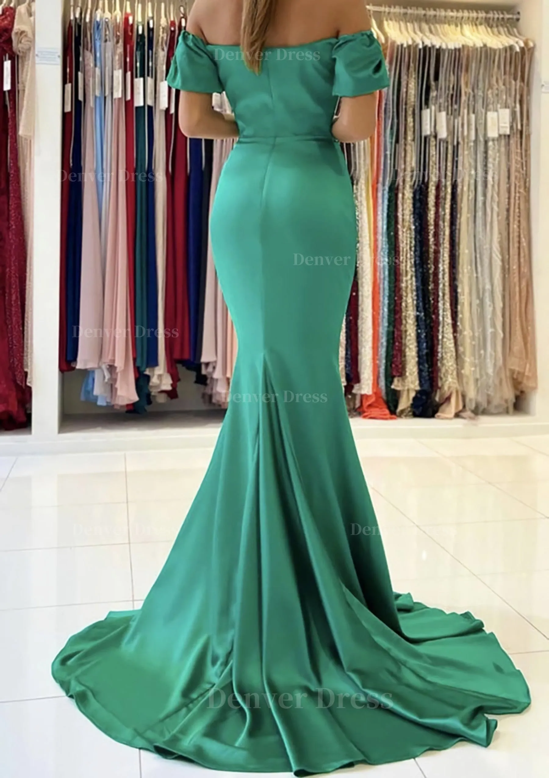 Trumpet/Mermaid Off-the-Shoulder Short Sleeve Satin Sweep Train Prom Dress With Pleated