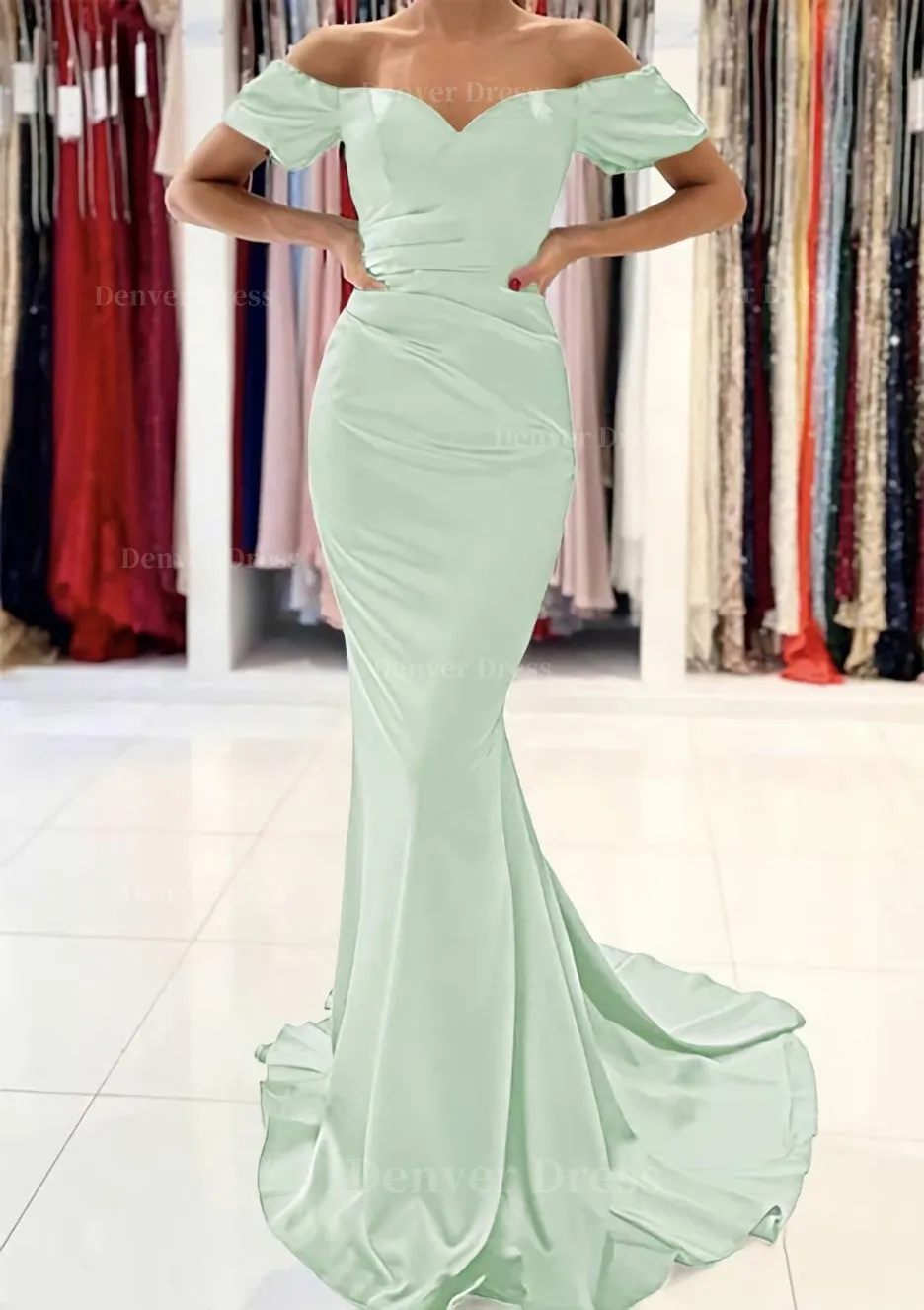 Trumpet/Mermaid Off-the-Shoulder Short Sleeve Satin Sweep Train Prom Dress With Pleated