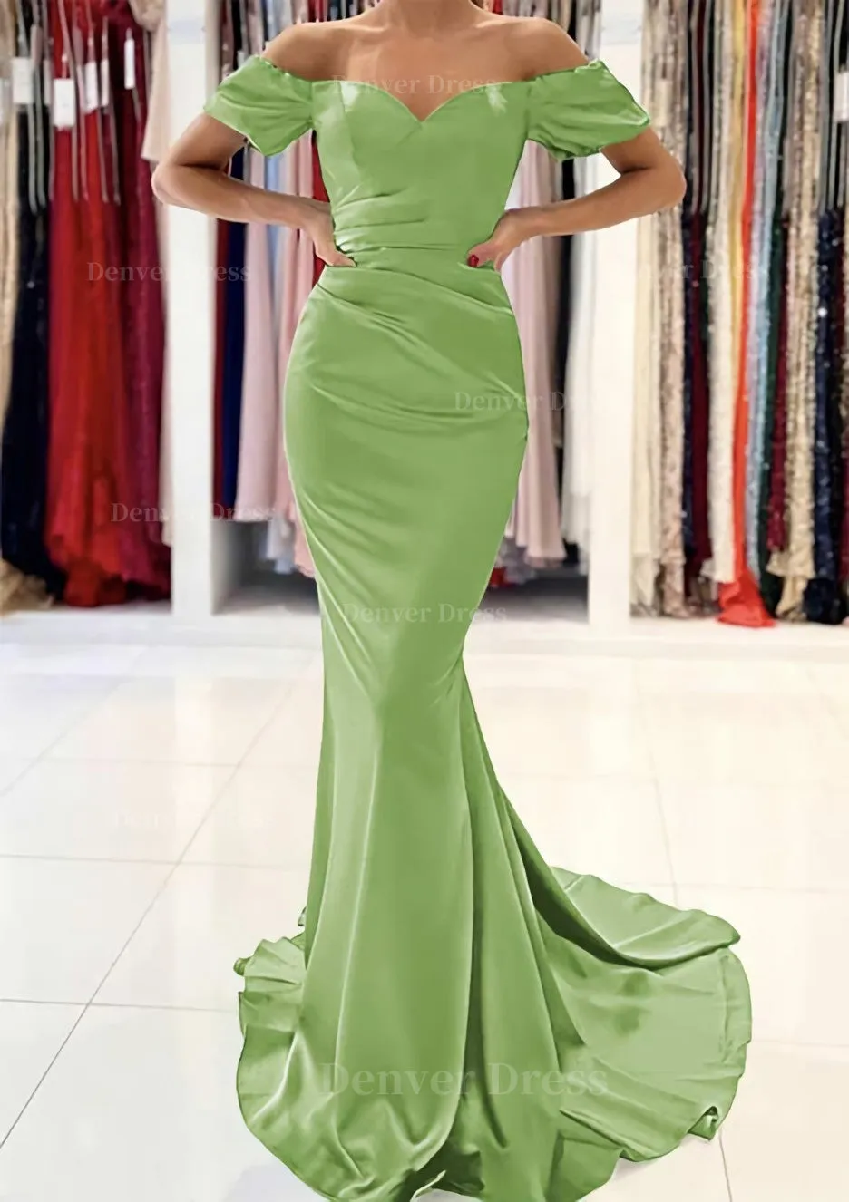 Trumpet/Mermaid Off-the-Shoulder Short Sleeve Satin Sweep Train Prom Dress With Pleated