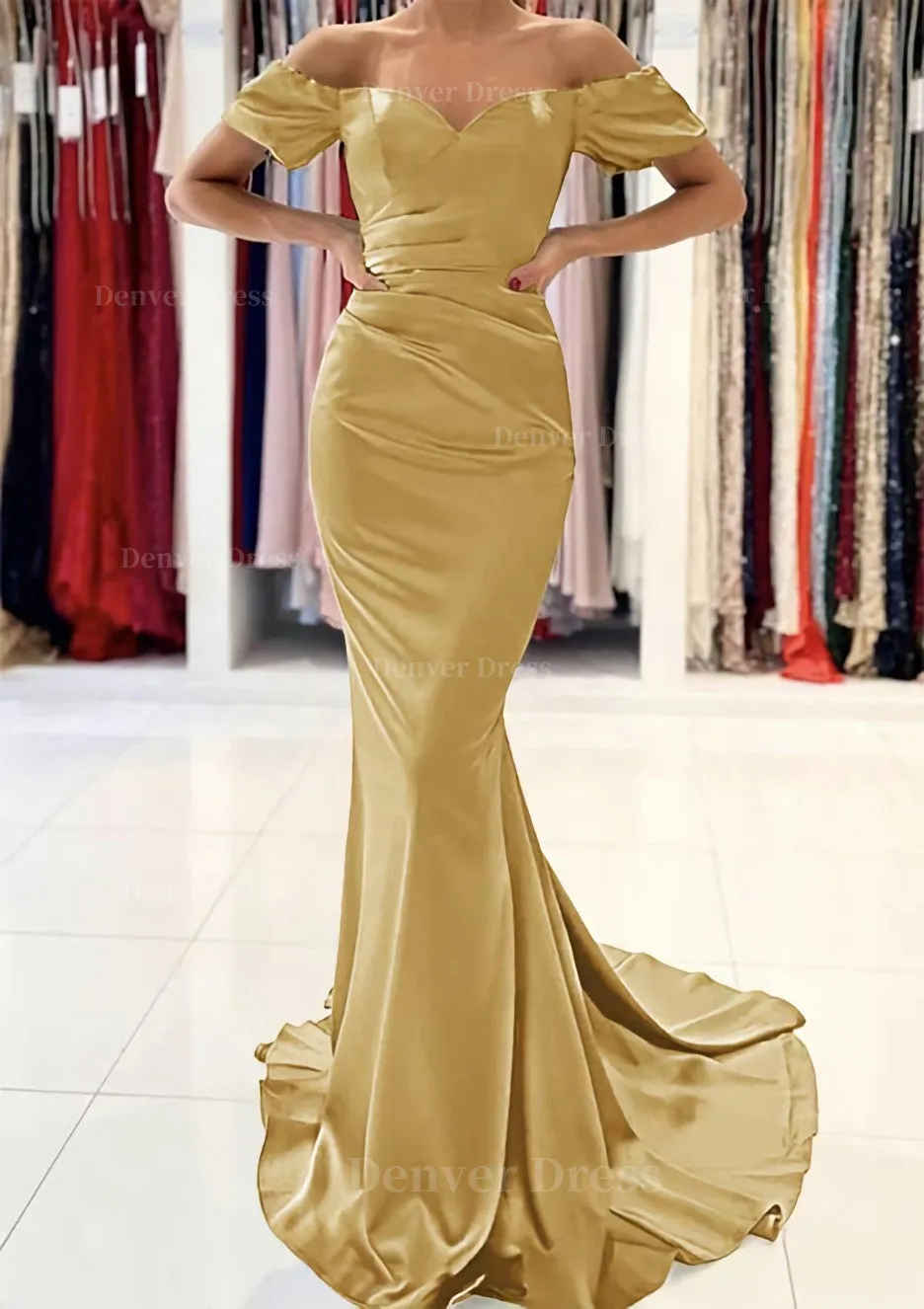 Trumpet/Mermaid Off-the-Shoulder Short Sleeve Satin Sweep Train Prom Dress With Pleated