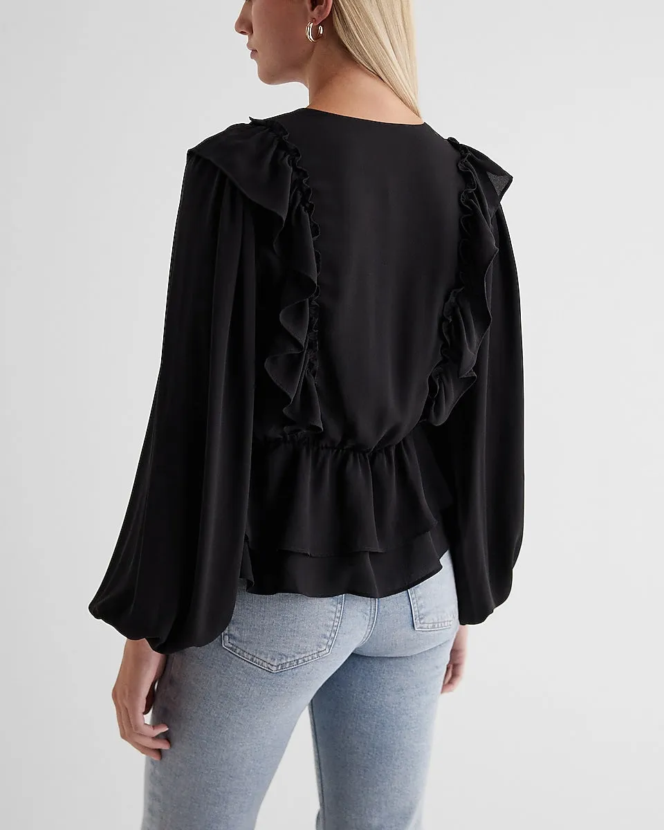 V-Neck Faux Wrap Flutter Ruffle Peplum Top in Pitch Black