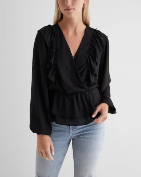 V-Neck Faux Wrap Flutter Ruffle Peplum Top in Pitch Black