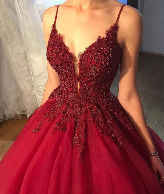 V Neck Tulle Burgundy Prom Dress With Beads, Burgundy Lace Evening Dress