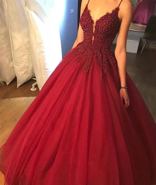 V Neck Tulle Burgundy Prom Dress With Beads, Burgundy Lace Evening Dress